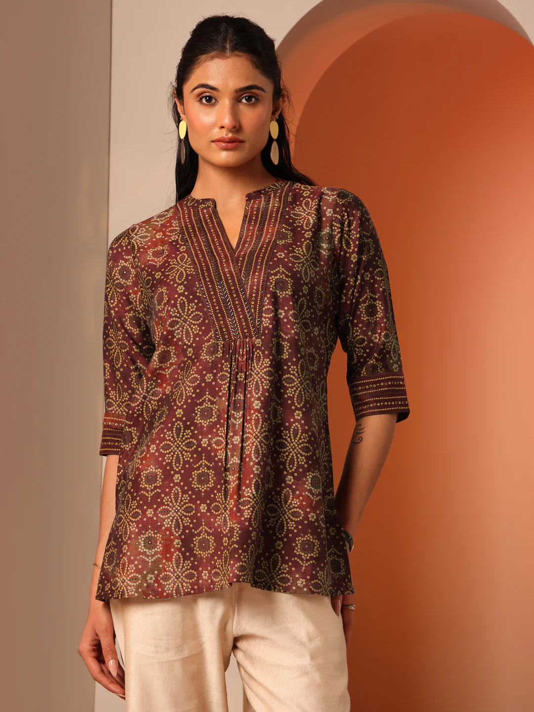 Maroon Floral Printed Straight Short Kurti
